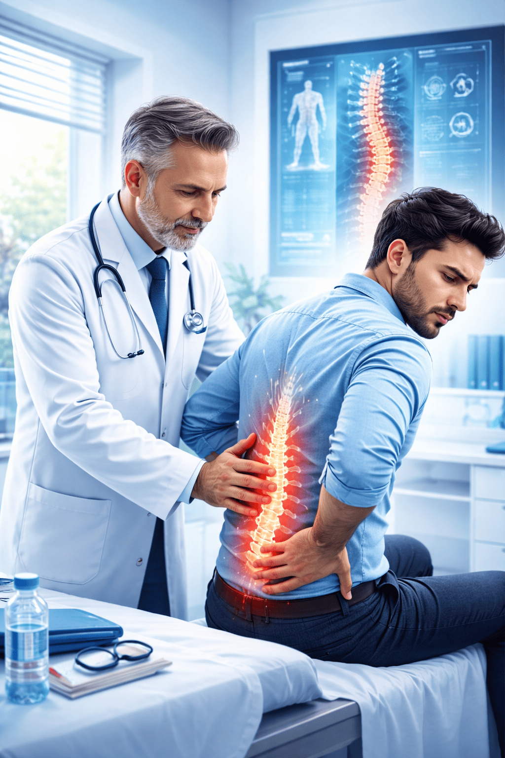Doctor Treating Lower Back Pain – Blue Clinical Theme