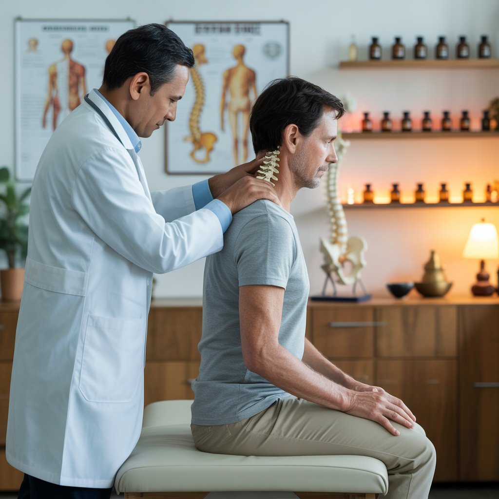 Doctor performing neck spine examination and chiropractic adjustment on male patient in clinic