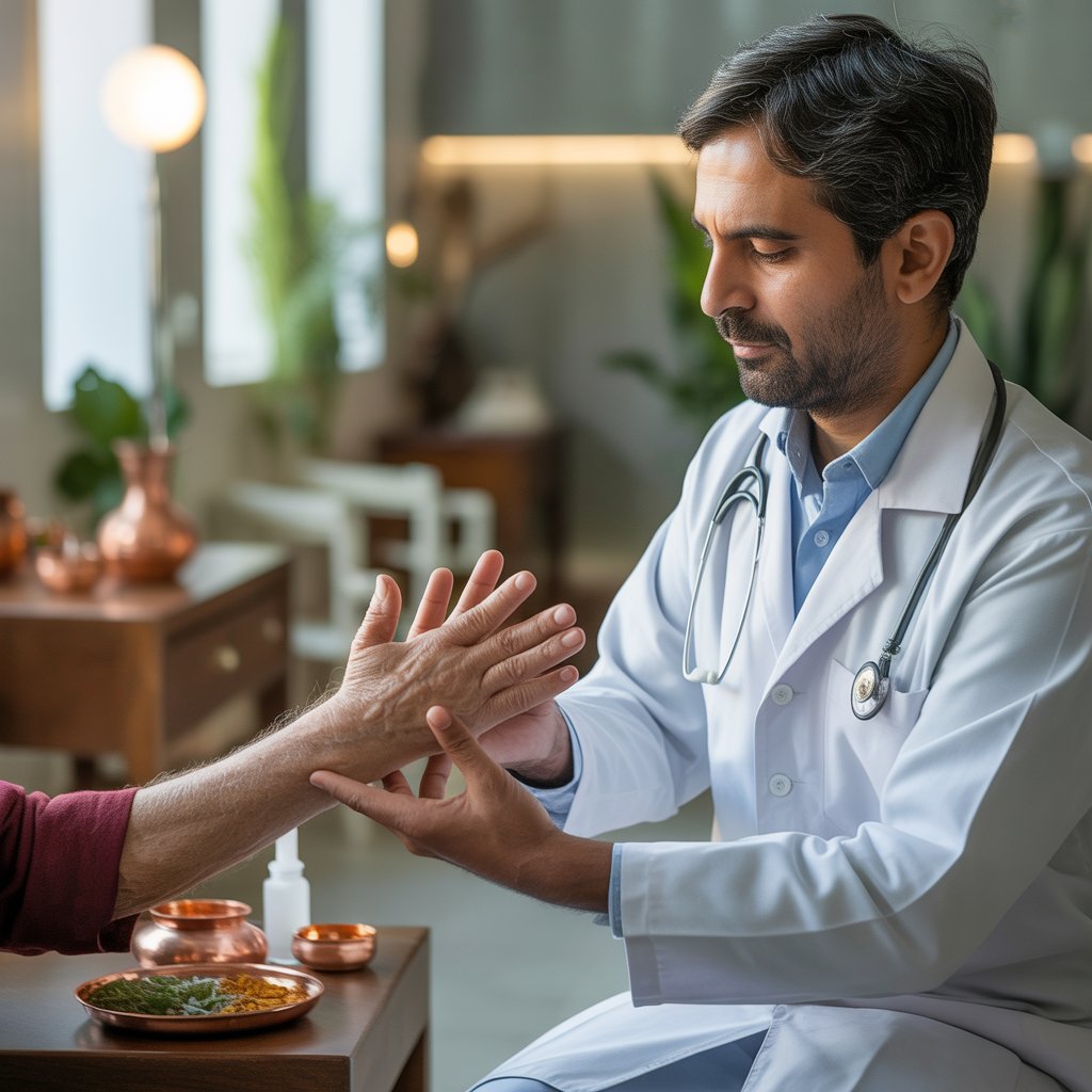 Ayurvedic doctor examining a patient’s hand for arthritis using traditional herbal therapy in a clinical setting