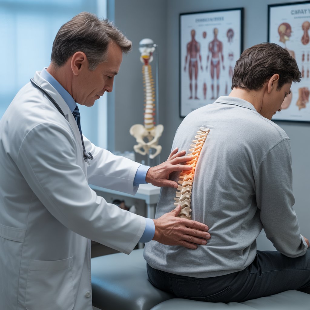 Doctor examining a patient’s spine for back pain treatment in a medical clinic