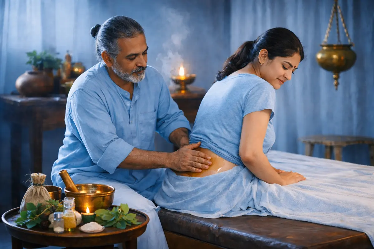 Ayurvedic doctor treating tailbone pain after delivery with herbal oil massage in blue tone therapy room