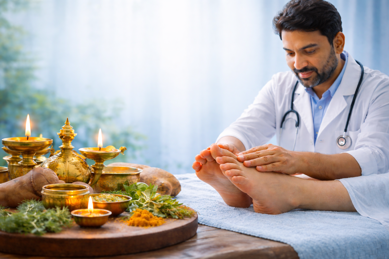 Doctor performing Ayurvedic therapy for diabetic neuropathy on patient’s feet