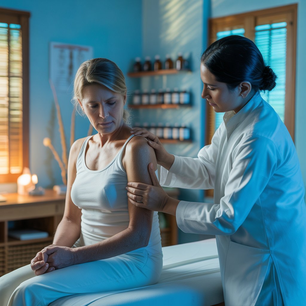 Physiotherapist examining a woman’s shoulder pain during a clinical therapy session