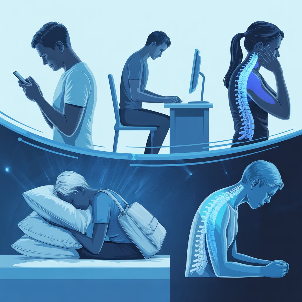 Person experiencing neck pain while using a smartphone, illustrating daily habits that contribute to cervical spine strain.