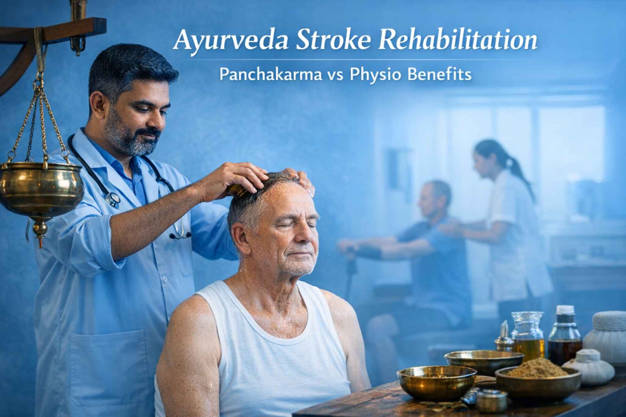 Doctor providing stroke rehabilitation therapy in a calm blue-tone clinical setting