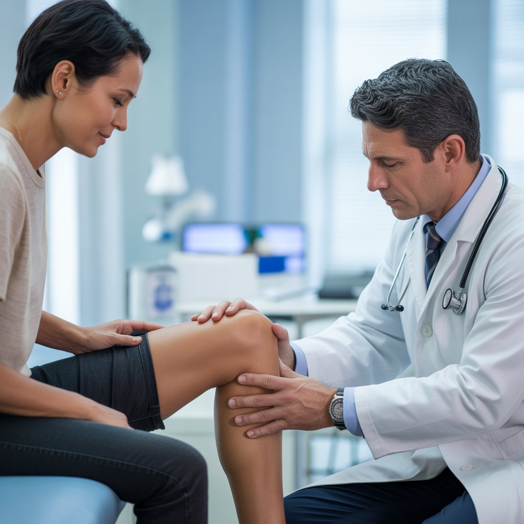 Doctor examining a patient’s knee during a medical consultation in a clinic