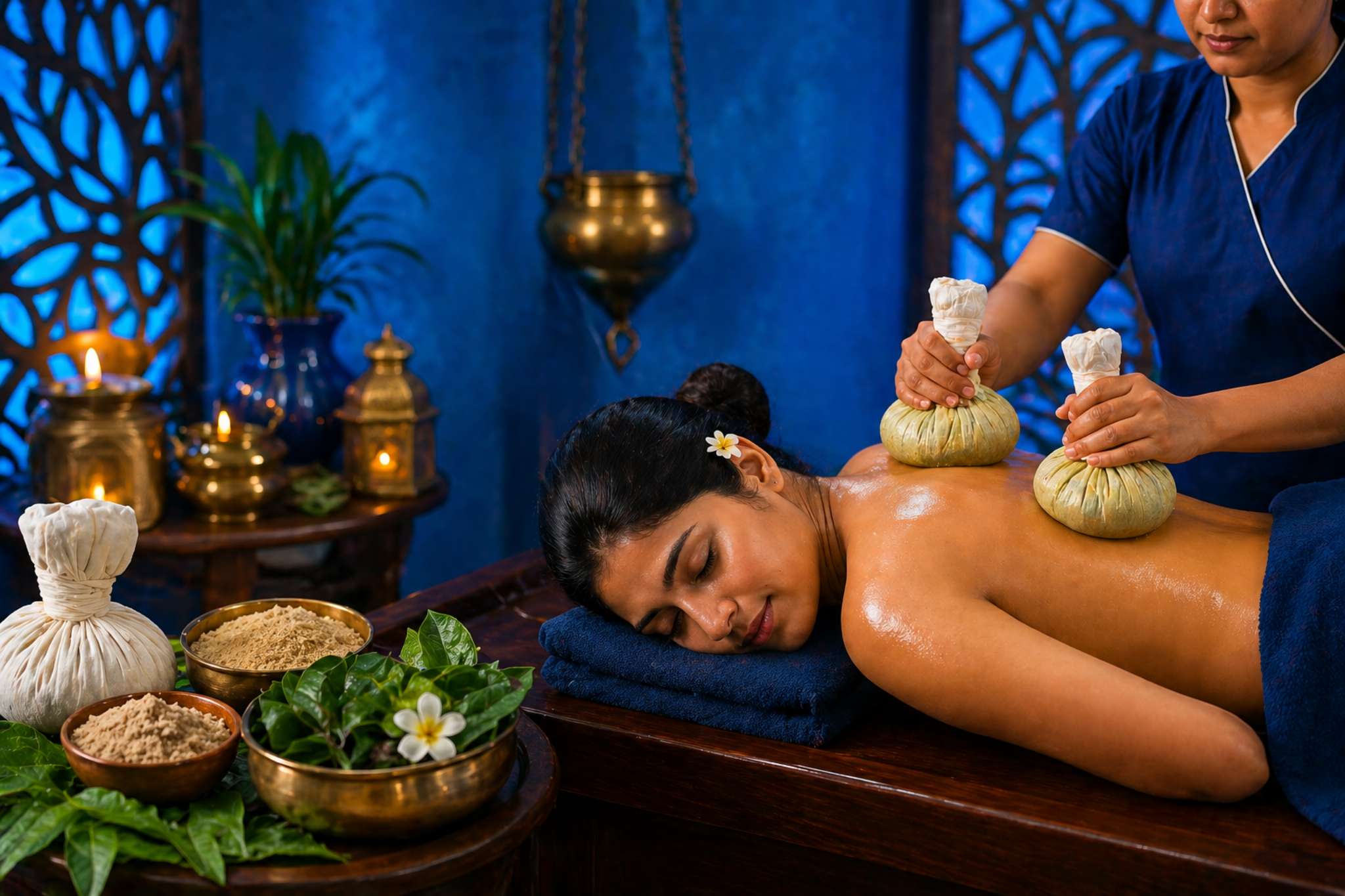 Ayurvedic Kizhi therapy treatment with herbal poultices applied on back in a calming spa setting