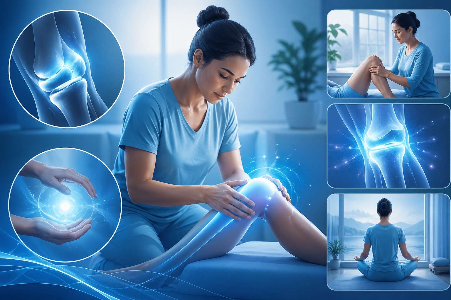 Blue-toned medical infographic explaining Pichu Therapy for joint healing with herbal treatment visuals, knee pain relief concept, and wellness elements.