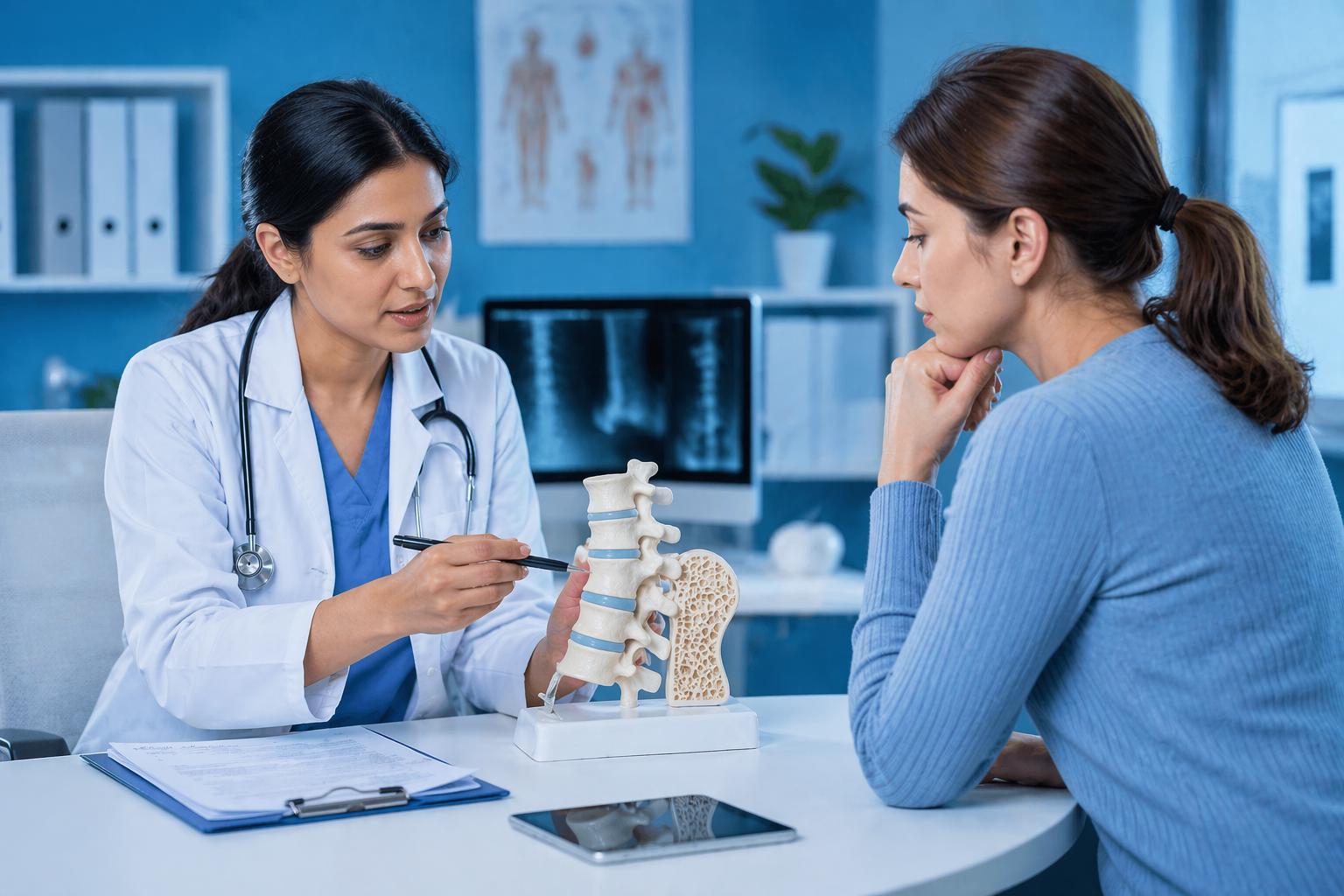 Young adult in their 30s holding lower back while reviewing bone health chart, representing osteoporosis in your 30s causes, signs, and prevention.