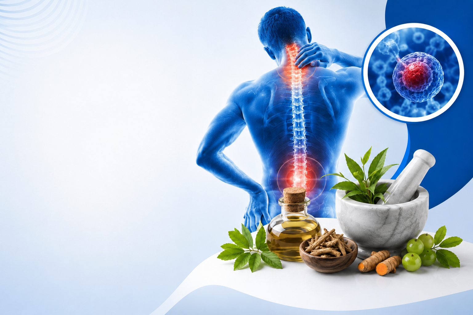 Blue and white medical wellness graphic showing spine inflammation, Ayurvedic herbs, and holistic healing elements for chronic inflammation treatment.