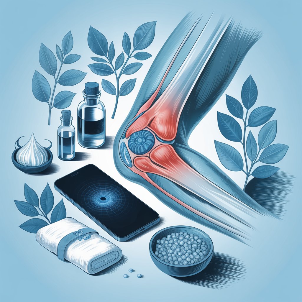 Blue-toned medical illustration showing a person with elbow pain caused by smartphone and laptop usage, alongside Ayurvedic therapy elements and ergonomic wellness visuals.