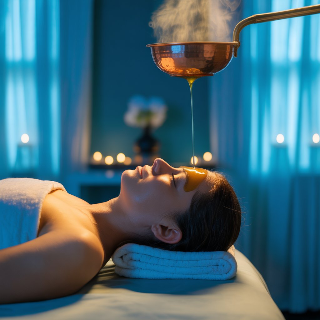 Sirodhara Ayurveda therapy for reducing cortisol levels and calming the nervous system