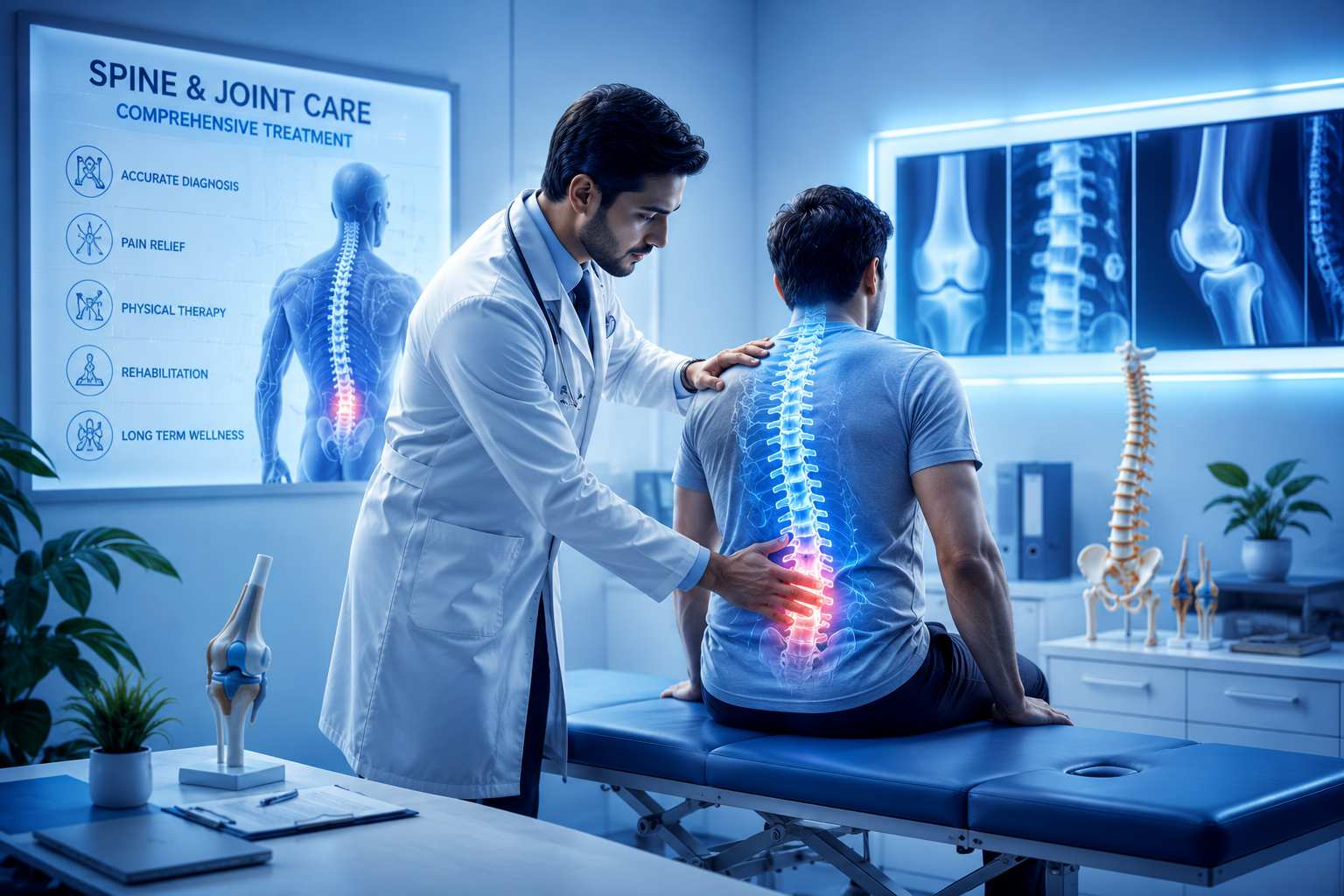 Blue-toned Ayurvedic wellness concept representing balance, spine health, and joint care through natural healing practices