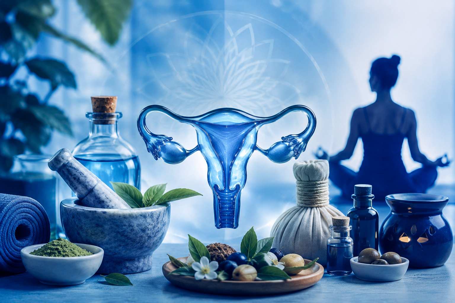 Blue-tone Ayurvedic wellness illustration featuring a calm woman practicing holistic healing therapy with herbal elements, yoga, and Panchakarma-inspired medical wellness visuals for PCOD care.