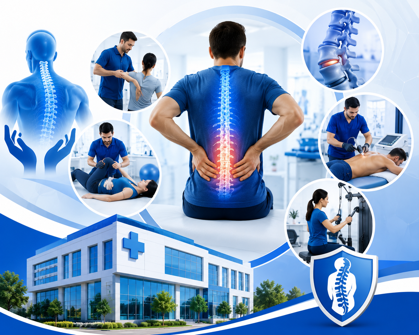 Modern blue and white medical illustration showing non-surgical back pain treatment with spine care, physiotherapy, rehabilitation, and advanced hospital facilities in Coimbatore.