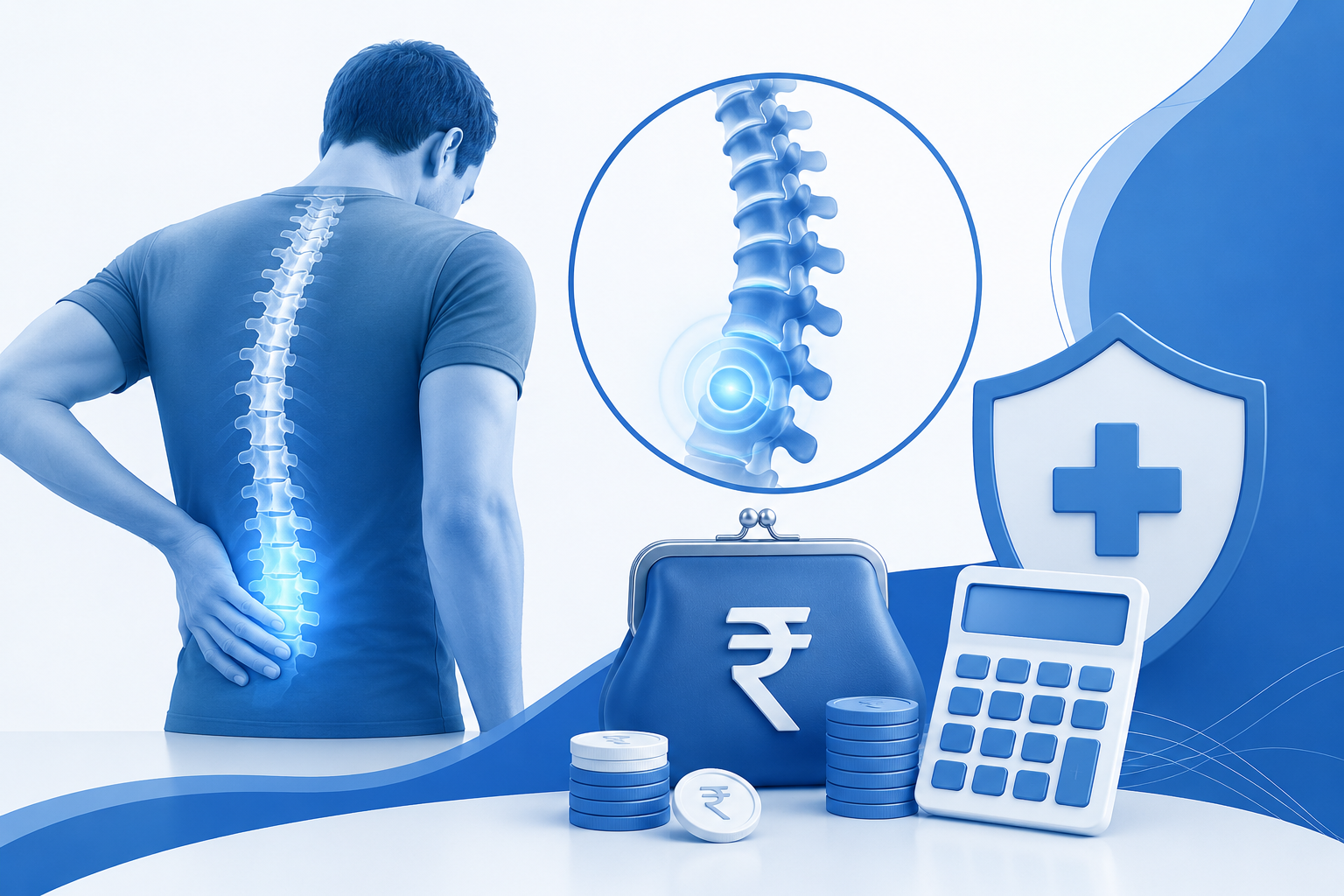 Back pain treatment cost concept illustration with spine healthcare and medical expense symbols in blue and white