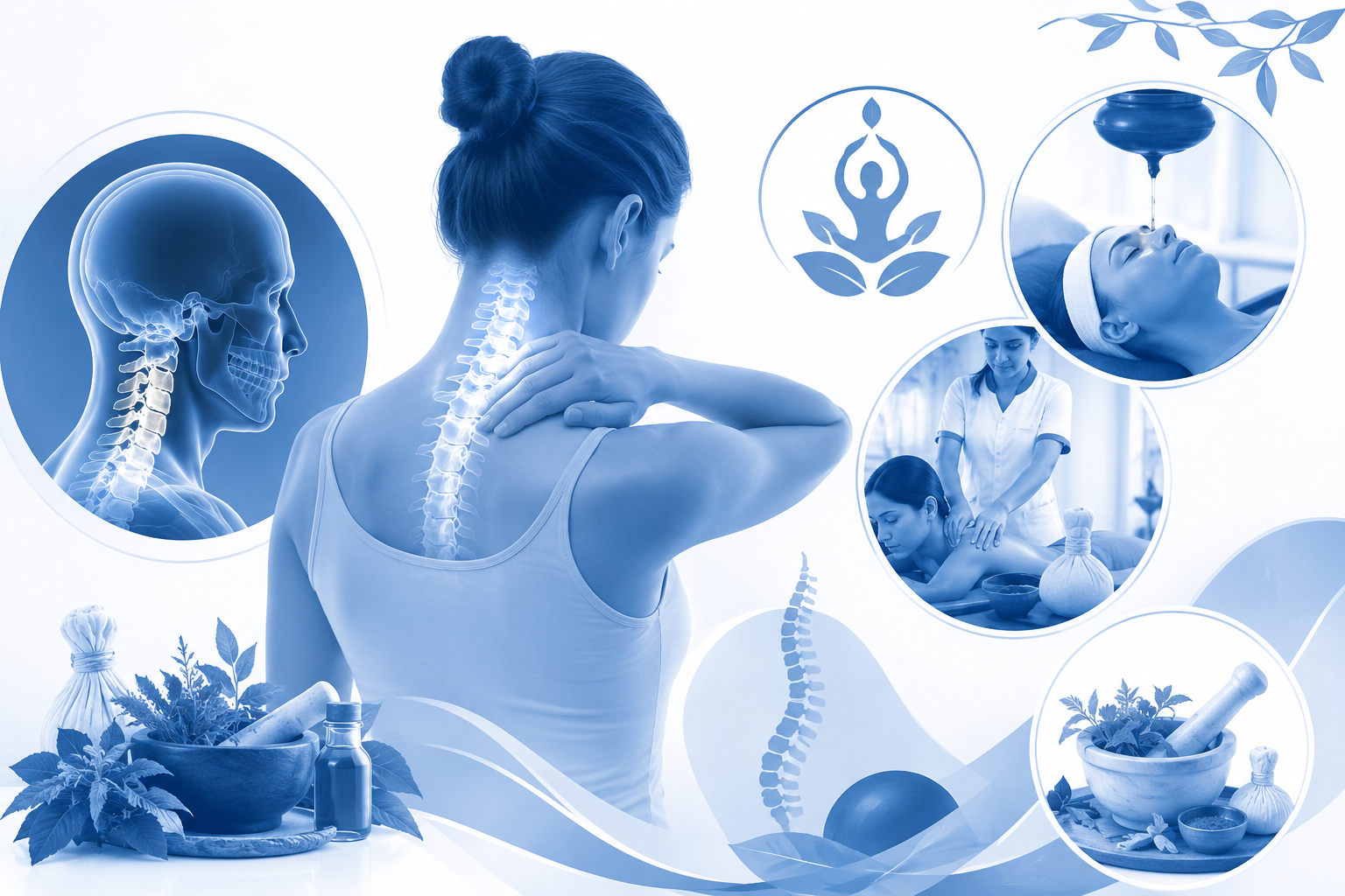 Illustration of cervical spondylosis with the neck spine highlighted, featuring Ayurvedic therapy, herbal medicine, and non-surgical wellness treatment in a blue and white medical-themed design.