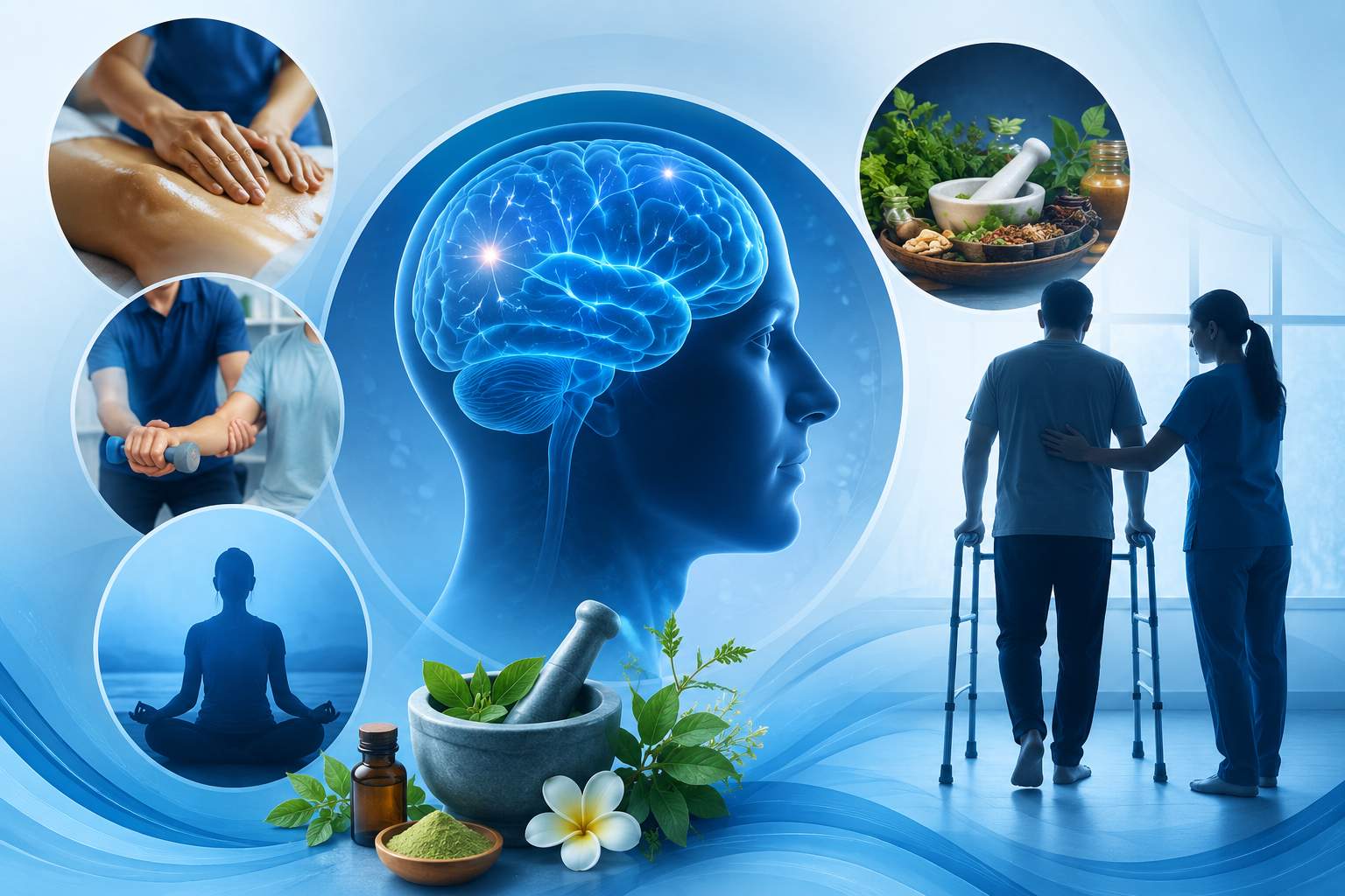 Post-stroke recovery and rehabilitation through Ayurveda featuring neurological healing, therapeutic massage, herbal remedies, meditation, mobility support, and holistic wellness in a blue-toned healthcare setting.