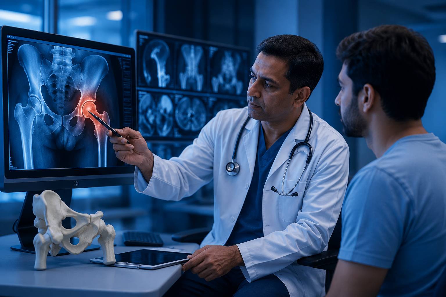 Doctor examining a patient with hip pain and avascular necrosis symptoms in a modern hospital setting, featuring a blue medical theme and advanced orthopedic care environment.