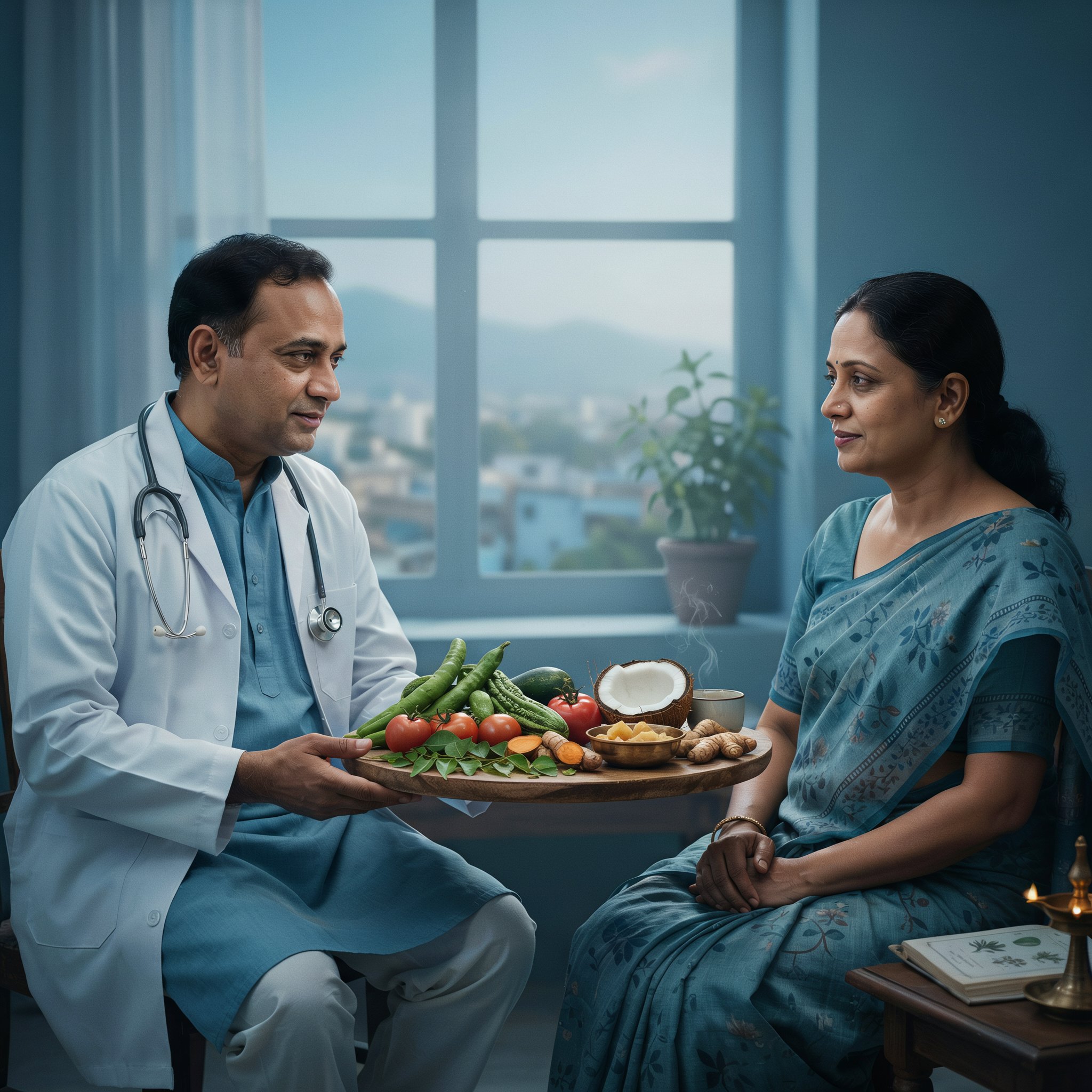 Blue-toned Ayurvedic wellness scene featuring anti-inflammatory foods such as turmeric, ginger, moringa leaves, amla, fresh vegetables, herbal ingredients, and traditional Ayurvedic nutrition elements.