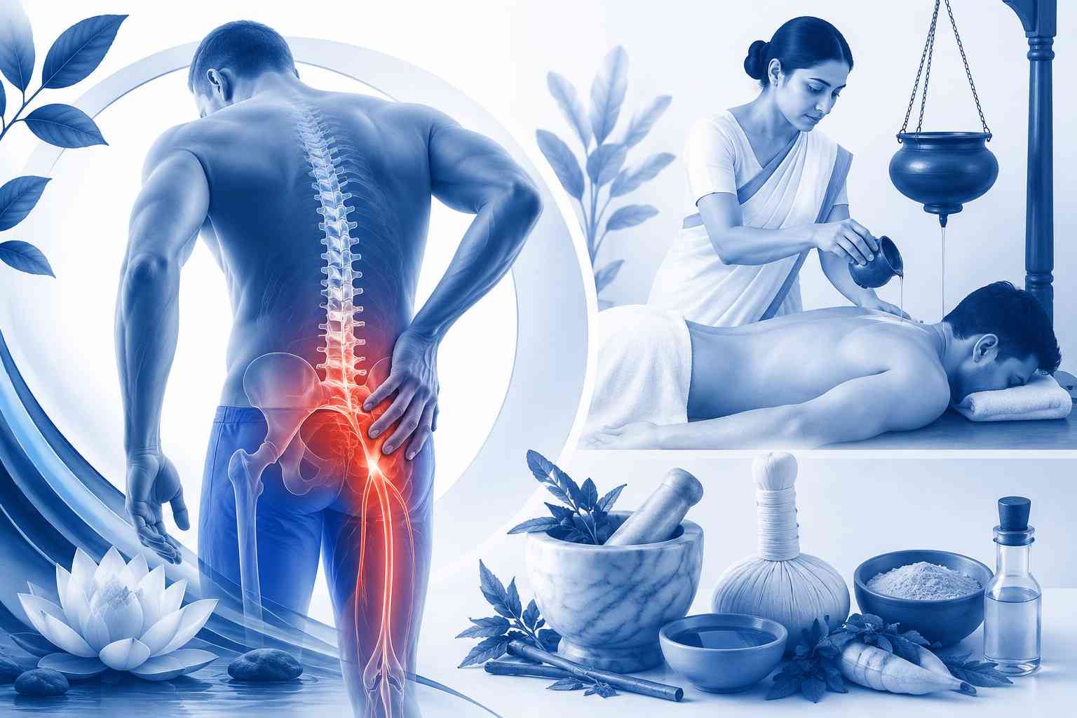 Ayurvedic therapy for sciatica nerve pain featuring spinal nerve visualization, traditional oil treatment, herbal remedies, and holistic spine care in a calming blue and white medical wellness setting