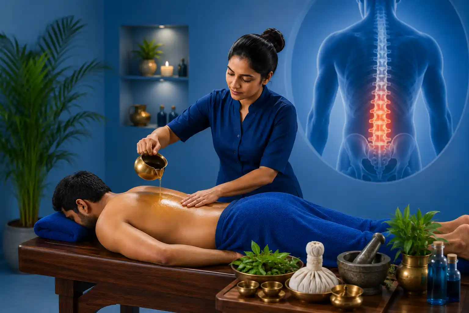Ayurvedic therapy for lumbar spondylosis and lower back stiffness with herbal oil massage in a calming blue wellness setting