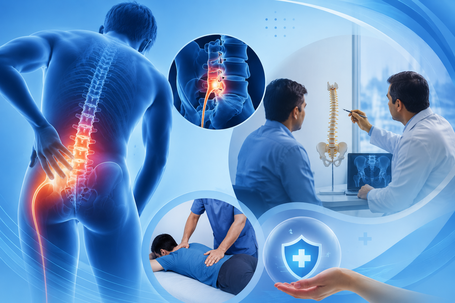 Doctor consulting a patient with sciatica pain while highlighting the lower spine and sciatic nerve in a modern blue-themed medical setting.