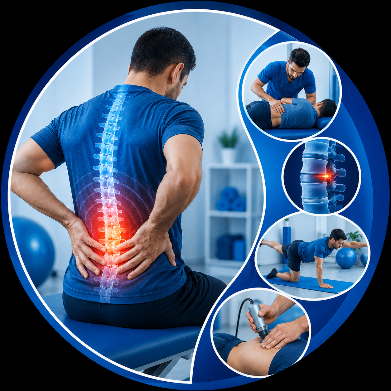 Patient receiving non-surgical slip disc treatment with physiotherapy and advanced spine rehabilitation in a modern blue-themed clinic.Patient receiving non-surgical slip disc treatment with physiotherapy and advanced spine rehabilitation in a modern blue-themed clinic.