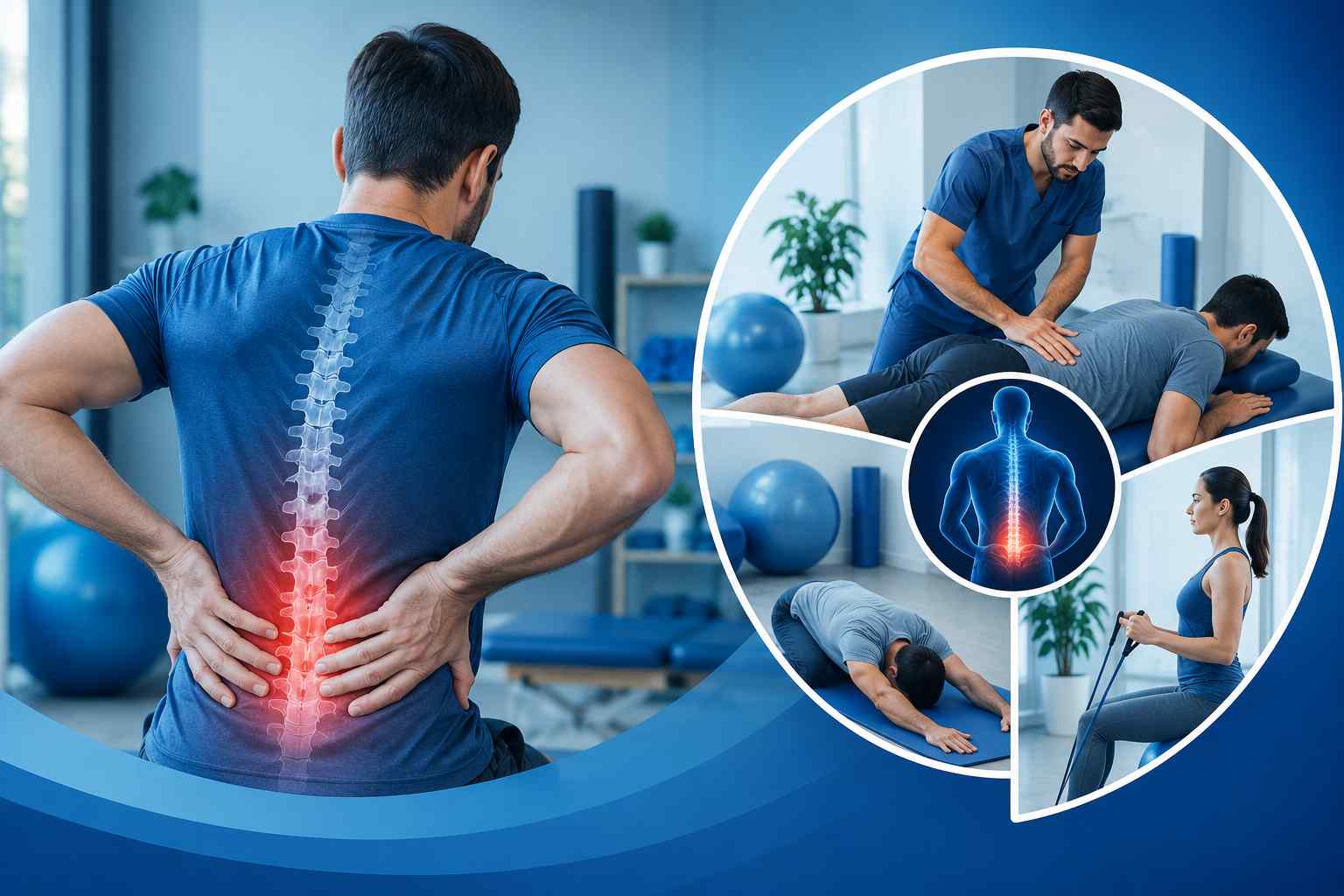 Patient receiving professional back pain treatment in a modern blue-themed physiotherapy clinic for long-term spine health and pain relief.