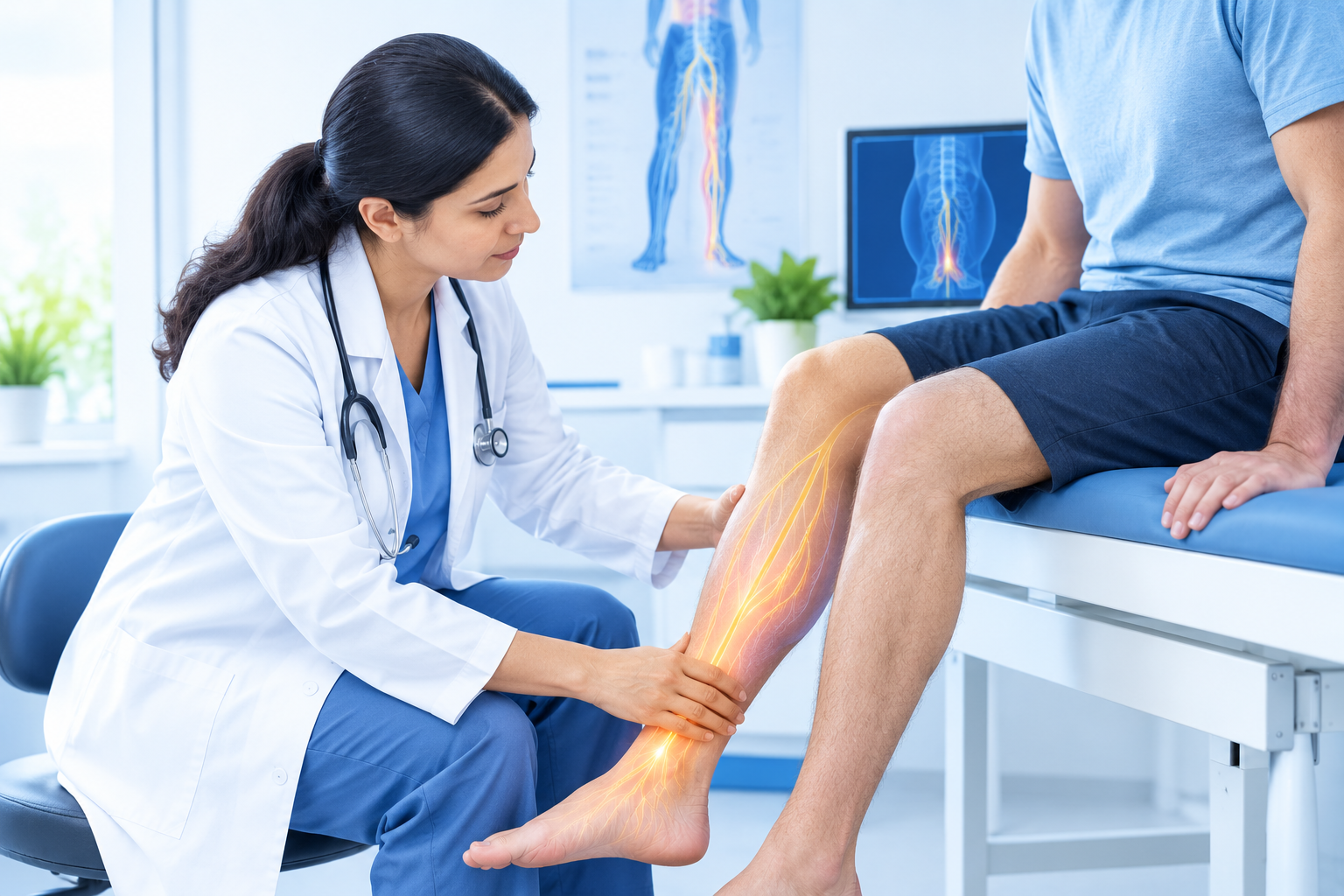 Causes tingling and numbness in the legs